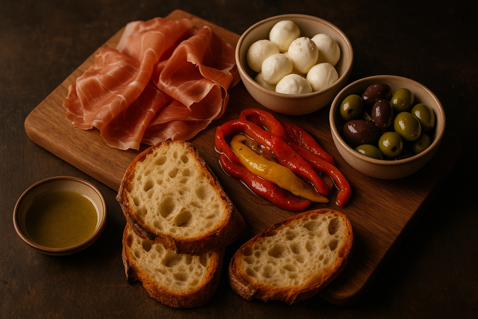 Antipasto board with prosciutto, mozzarella and olives