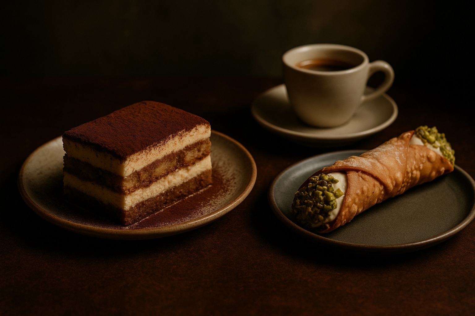 Tiramisu and cannoli with espresso