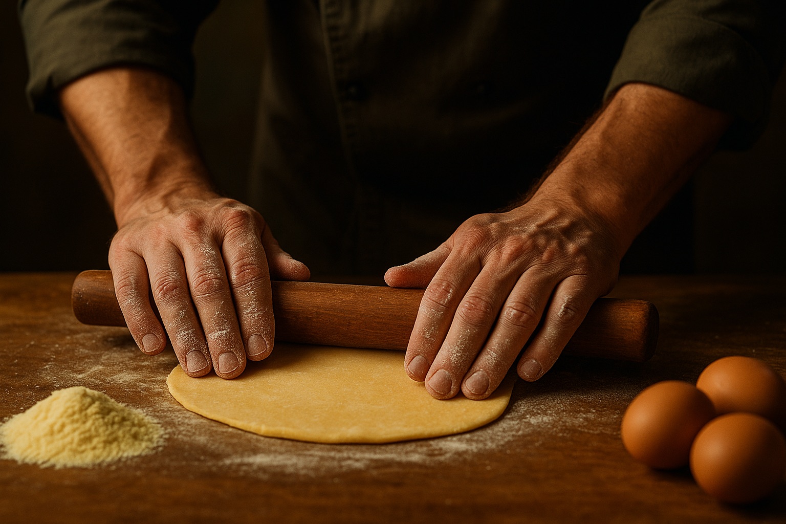 Hands rolling fresh pasta dough in the kitchen