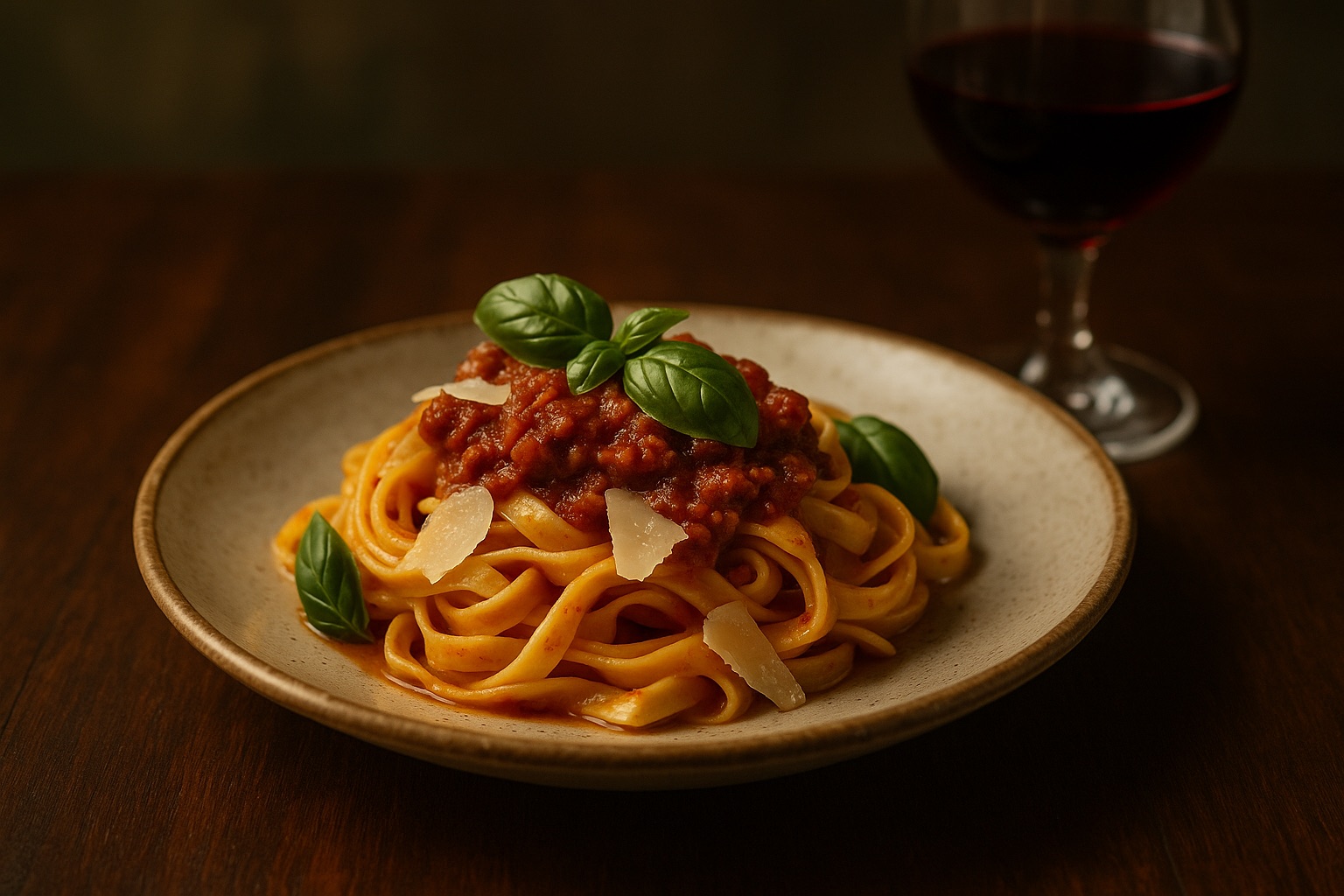 Fresh tagliatelle with tomato ragu and parmigiano