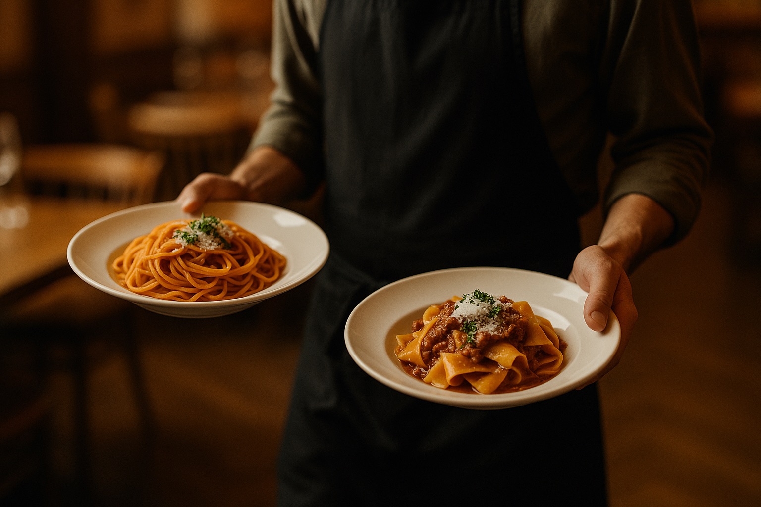 Plated pasta dishes being carried to the table